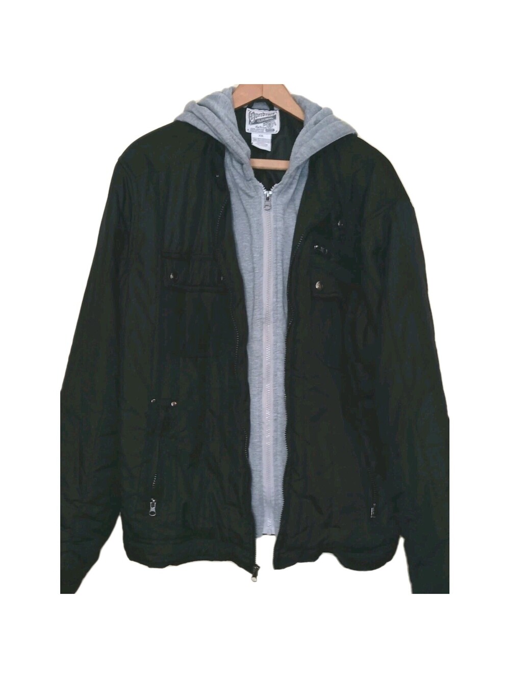 Overdrive Black Grey Quilted Jacket Hooded Full Zip Jersey Inset Sz XXL  EUC